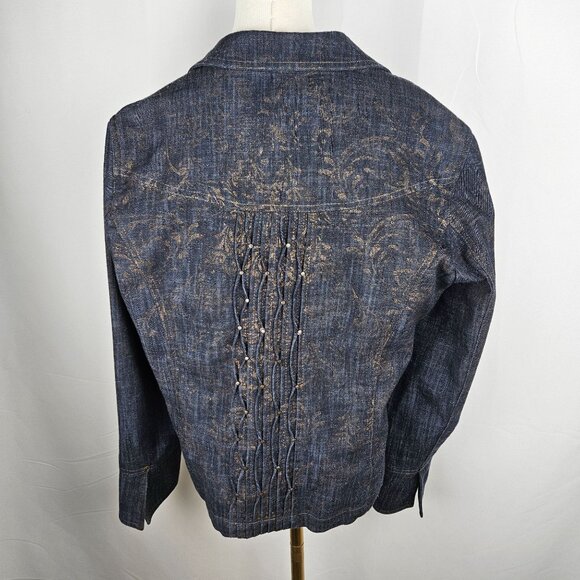 Coldwater Creek Jacket Size 16 Pintucked Blue Denim Snap Front Metallic Gold - Picture 6 of 11